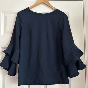 J Crew Navy Dress Shirt size 2 T belt sleeves 3/4 sleeve blouse